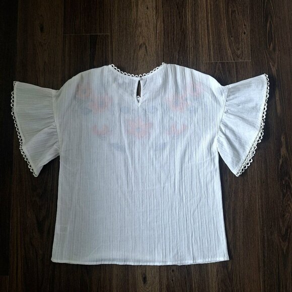 💙 THML Boho Prairie Style Embroidered Lightweight Short Sleeve Cotton Blouse - Picture 8 of 9